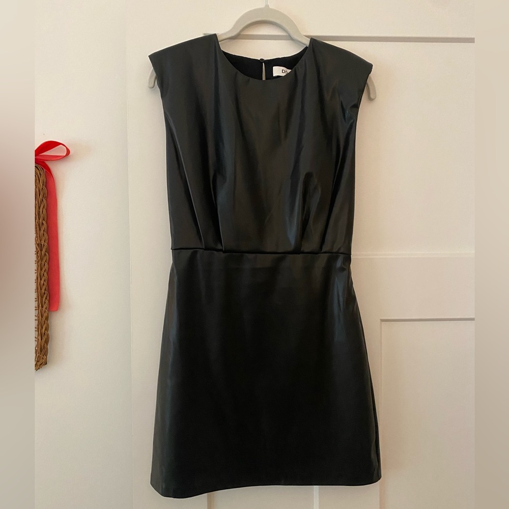 Black leather mini dress w shoulder pads